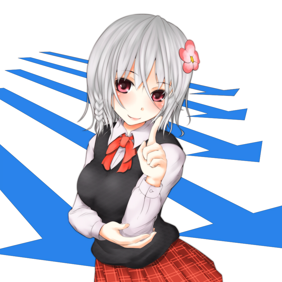 1girl accelerator_(toaru_majutsu_no_index) albino alternate_costume alternate_eyebrows arrow_(symbol) black_sweater black_sweater_vest black_vest blush bow bowtie braid breasts closed_mouth commentary_request flower grey_hair hair_between_eyes hair_flower hair_ornament hand_up index_finger_raised long_sleeves looking_at_viewer medium_breasts medium_hair mismatched_eyebrows pink_flower red_bow red_bowtie red_eyes school_uniform shin_(highest1192) shirt short_braid sleeveless sleeveless_sweater smile solo suzushina_yuriko sweater sweater_vest t-shirt toaru_majutsu_no_index upper_body vest white_background white_shirt