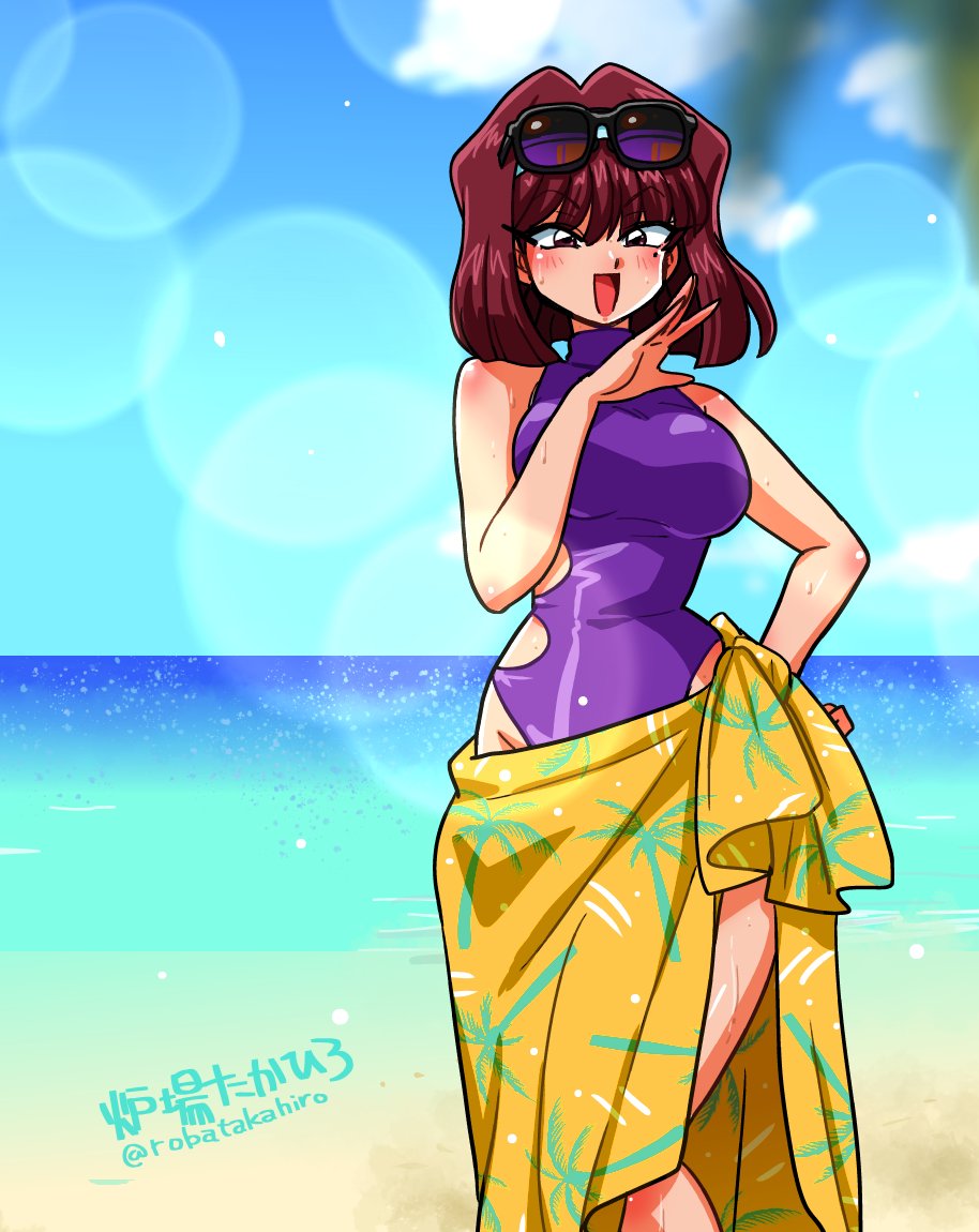 1girl artist_name beach blue_sky blush breasts brown_hair day eyewear_on_head looking_at_viewer one-piece_swimsuit open_mouth outdoors purple_one-piece_swimsuit sarong sky solo sunglasses susume!_ashitabara_gakuen swimsuit wanta_(futoshi) yellow_sarong