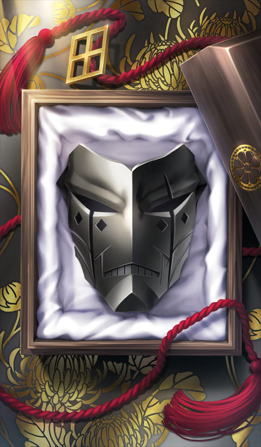 black_mask box chocolate_river_no_sono_saki_ni commentary_request crest diamond_(shape) family_crest fate/grand_order fate_(series) flower in_box in_container itsuya_(daystar) lid mask no_humans object_focus official_art spider_lily still_life tassel third-party_source unworn_mask