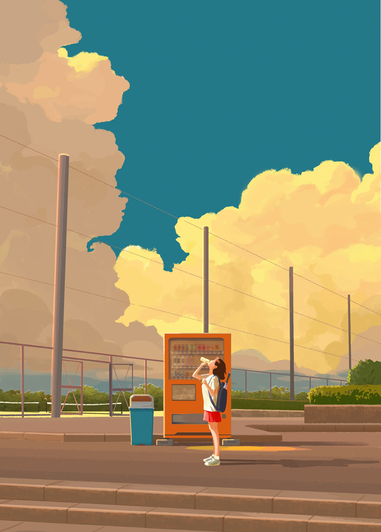 1girl backpack bag blue_sky bottle bush cloud cumulonimbus_cloud drinking faceless faceless_female fence from_side gate head_back holding holding_bottle izumitaki_arata original outdoors racket red_skirt scenery shadow shirt shoes short_sleeves skirt sky solo stairs standing tennis_court tennis_net tennis_racket trash_can vending_machine white_shirt wide_shot