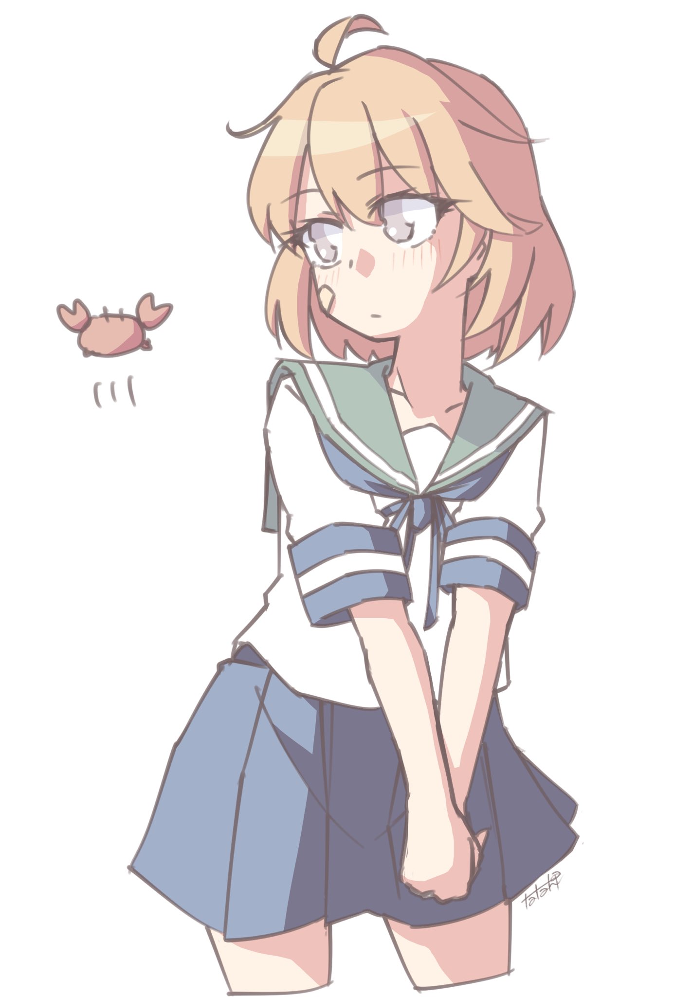 1girl ahoge blue_neckerchief blue_sailor_collar blue_skirt brown_hair cowboy_shot crab cropped_legs grey_eyes highres kantai_collection looking_back neckerchief oboro_(kancolle) pleated_skirt sailor_collar sailor_shirt school_uniform serafuku shirt short_hair simple_background skirt tatahai v_arms white_background white_shirt