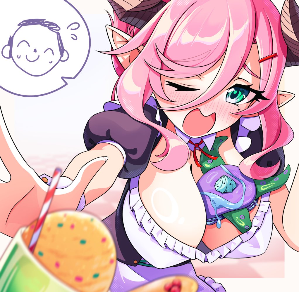 1girl alternate_costume apron black_corset black_dress black_horns blue_archive blush breasts buttons closed_mouth collar corset cowboy_shot demon_horns detached_collar doodle_sensei_(blue_archive) dress drinking_straw dropping embarrassed enmaided flying_sweatdrops food food_between_breasts frilled_apron frills hair_between_eyes horns ice_cream juri_(blue_archive) large_breasts leaning_forward maid neck_ribbon open_mouth outstretched_arms pankeiki pink_hair puffy_short_sleeves puffy_sleeves red_ribbon ribbon sensei_(blue_archive) short_hair short_sleeves sidelocks solo sundae swept_bangs wavy_hair white_apron white_background white_collar white_wings wings