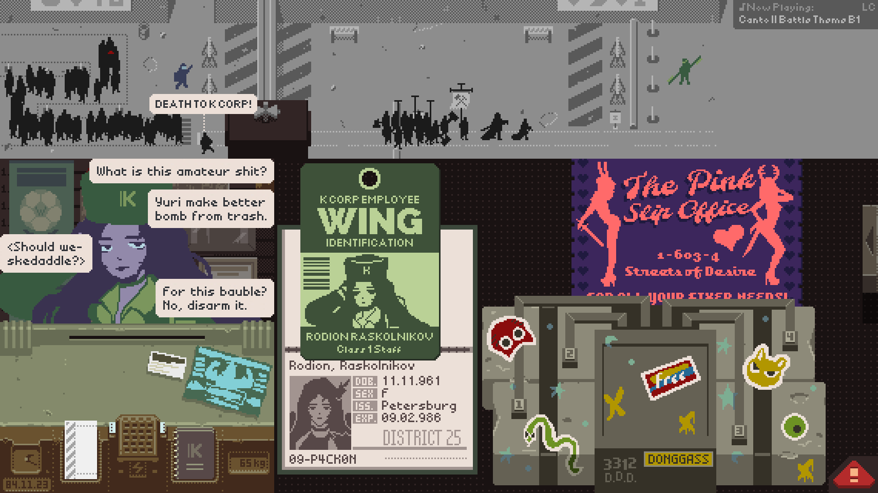 1girl bomb character_name english_text explosive fake_screenshot gameplay_mechanics hat highres limbus_company long_hair looking_at_viewer nicket papers_please passport picture_frame project_moon redm0e road rodion_(project_moon) serious sticker