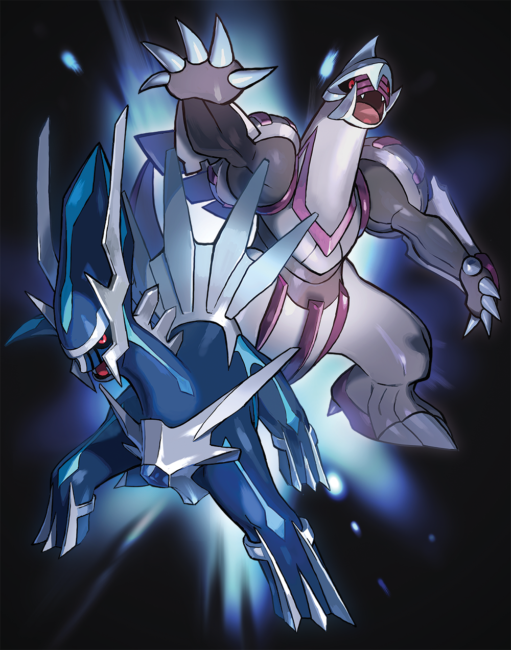 animal_focus artist_request black_background black_sclera claws colored_sclera dark_background dialga fangs gen_4_pokemon highres legendary_pokemon nintendo official_art open_mouth outstretched_arm palkia pokemon pokemon_(creature) red_eyes second-party_source