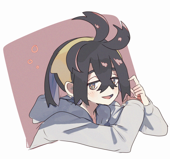 1boy :d alternate_costume black_hair brown_eyes colored_inner_hair commentary_request crossed_bangs grey_hoodie hair_between_eyes hairband hands_up hood hood_down hoodie kieran_(pokemon) long_sleeves male_focus multicolored_hair mxkjxm_(nhss2337) nintendo open_mouth pokemon pokemon_sv smile solo yellow_hairband