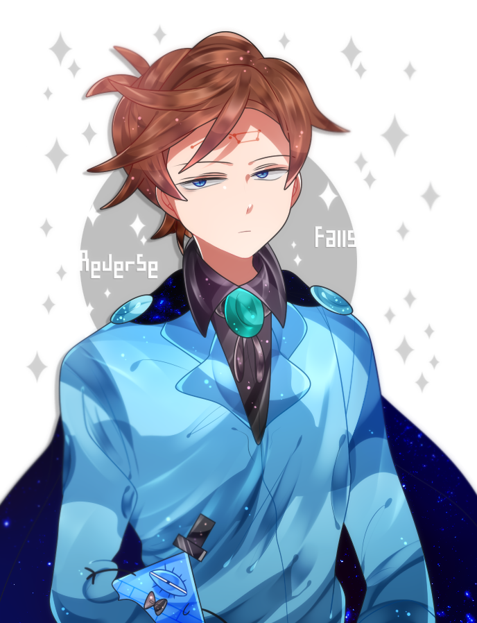 1boy aqua_eyes ascot bill_cipher brooch brown_hair cape dark_persona dipper_gleeful dipper_pines facial_mark forehead_mark formal_clothes gem glowing_jewelry gravity_falls jewelry short_hair sky star_(sky) starry_sky starry_sky_cape swept_bangs will_cipher