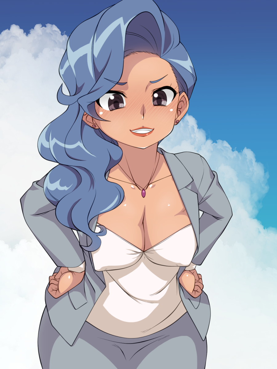 1girl bakugan bakugan:_battle_planet blazer blue_hair blue_sky blush breasts brown_eyes cleavage cloud collarbone covered_erect_nipples cowboy_shot dark-skinned_female dark_skin day earrings eyebrows eyelashes female_focus grey_blazer grey_skirt grin hands_on_own_hips jacket jewelry large_breasts leaning_forward lipstick long_hair long_sleeves looking_at_viewer makeup naughty_face necklace nurugamer-kouyouju open_clothes open_jacket outdoors pencil_skirt red_lips shirt skirt sky smile solo standing strapless strapless_shirt teeth variant_set veronica_venegas white_shirt
