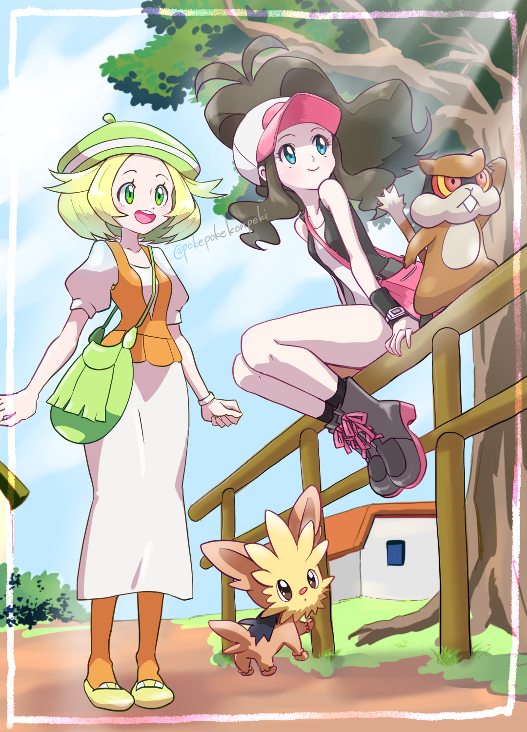 2girls :d bag beret bianca_(pokemon) black_socks black_vest blonde_hair boots brown_hair commentary_request day dress eyelashes fence gen_5_pokemon green_bag green_eyes green_headwear hat highres hilda_(pokemon) lillipup long_hair multiple_girls nintendo open_clothes open_mouth open_vest orange_pantyhose orange_vest outdoors pantyhose patrat pokemon pokemon_(creature) pokemon_bw pokepokekonpeki shirt shoes shoulder_bag sidelocks sitting sleeveless sleeveless_shirt smile socks standing tree vest white_dress white_headwear white_shirt xtransceiver yellow_shoes