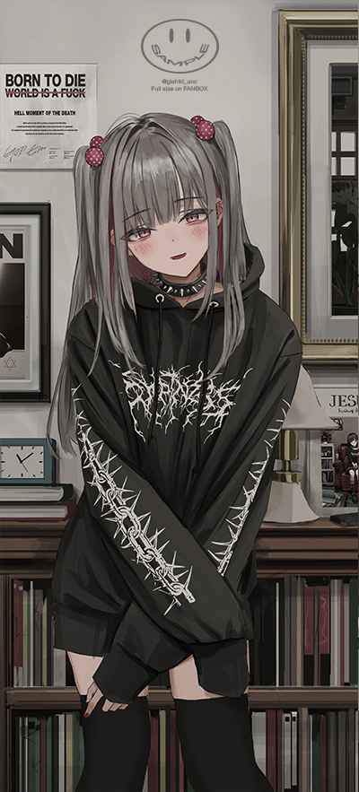 1girl black_jacket black_thighhighs blush book born_to_die_world_is_a_fuck_(meme) collar cowboy_shot english_text gishiki_(gshk) grey_hair indoors jacket jewelry long_hair long_sleeves looking_at_viewer meme original purple_eyes smile solo spiked_collar spikes standing thighhighs twintails