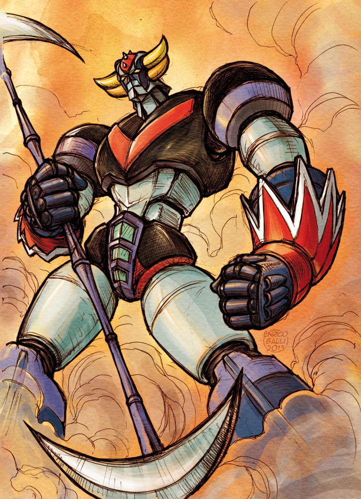 2013 artist_name clenched_hand commentary double_blade english_commentary enricogalli grendizer holding holding_weapon horns mazinger_(series) mecha mecha_focus robot science_fiction smoke solo super_robot ufo_robo_grendizer weapon yellow_eyes