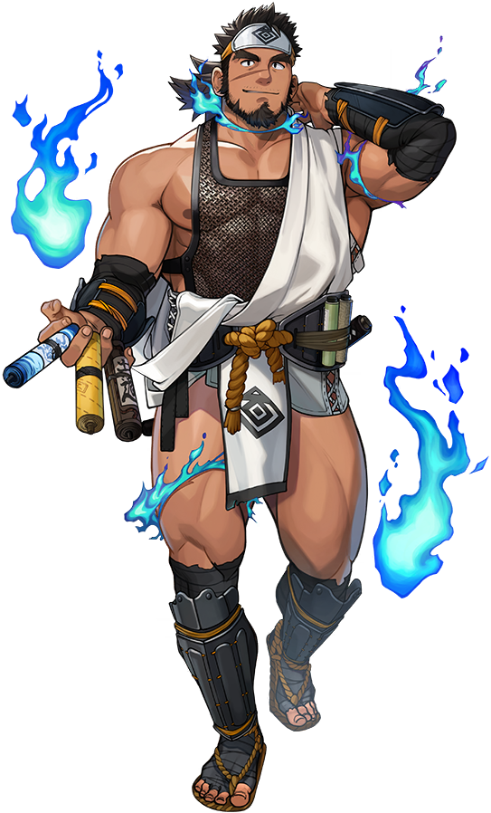 1boy arm_behind_head bandaged_arm bandages bara biceps blue_fire facial_hair fire fishnet_top fishnets forehead_protector full_body headband holding holding_scroll large_pectorals light_smile male_focus muscular muscular_male ninja nipples official_art orange_headband parted_lips pectorals ponytail sandals sandayu_(housamo) scar scar_on_face scroll shin_guards solo spiked_hair tarutoru thick_eyebrows thick_thighs thighs tokyo_houkago_summoners transparent_background vambraces