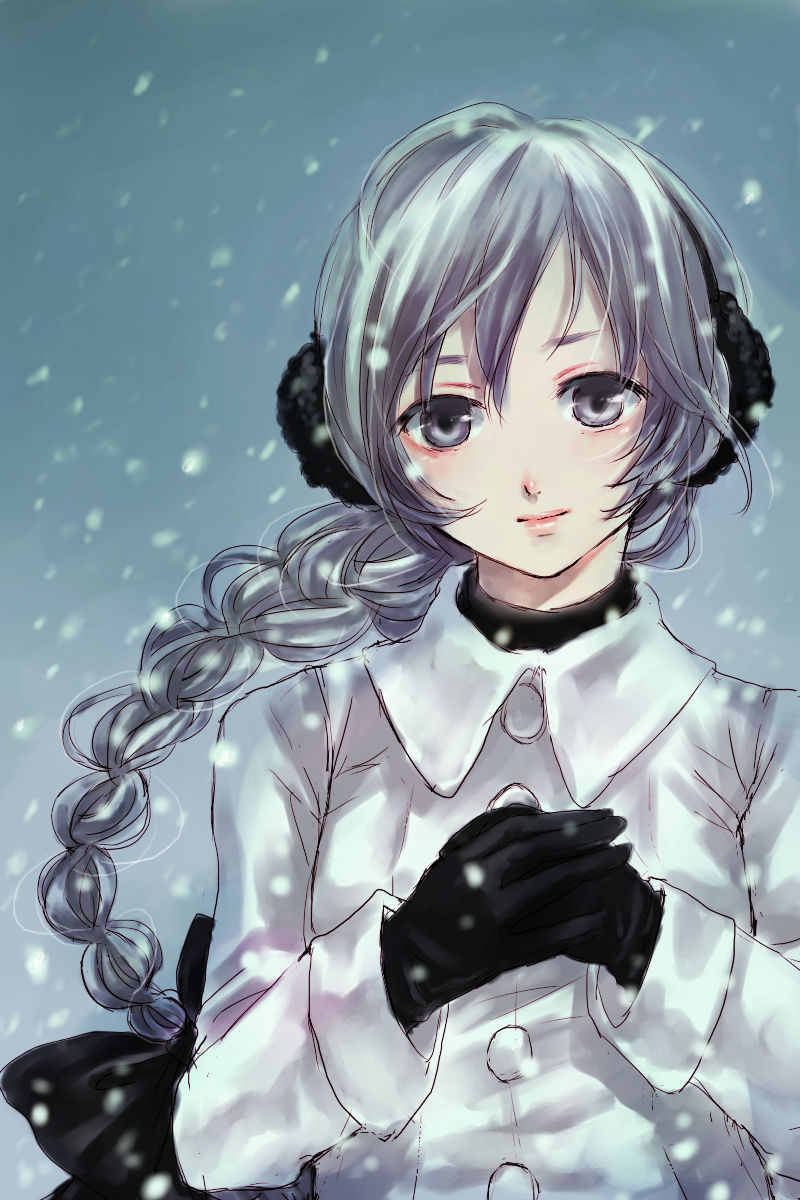 1girl bow braid earmuffs gloves grey_eyes grey_hair hair_bow highres jacket light_smile long_hair long_sleeves looking_at_viewer meira_(nyanyamo) own_hands_together sekka_yufu snowing solo upper_body utau