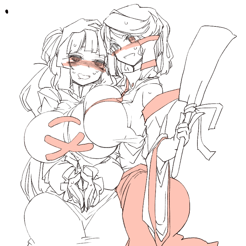 2girls bare_shoulders breasts cosplay costume_switch gohei kochiya_sanae large_breasts monochrome multiple_girls oonusa tatara_kogasa toriga_naku touhou white_background