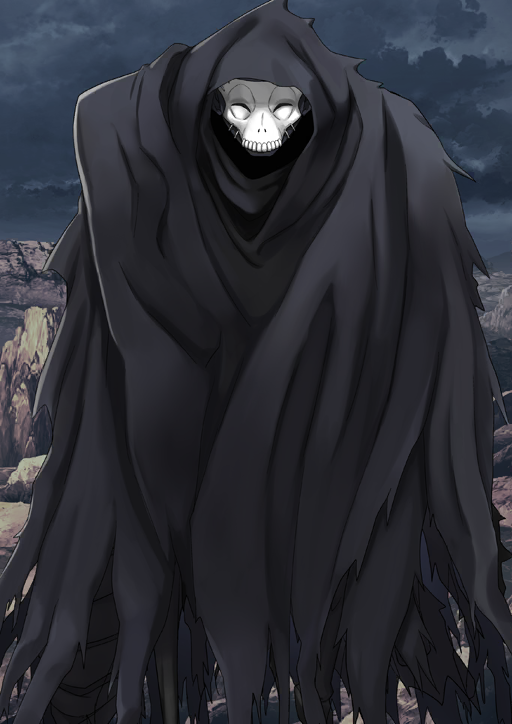 1boy bandaged_arm bandages black_cloak cloak covered_face fate/grand_order fate_(series) feet_out_of_frame hassan_of_the_cursed_arm_(fate) hood hood_up hooded_cloak legs_apart male_focus mask official_art outdoors overcast revision skull_mask sky solo standing task_owner third-party_source variant_set white_mask