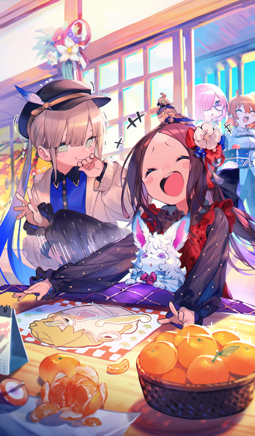 +++ 1boy 3girls afterimage androgynous animal animal_on_head basket bird bird_on_head black_hat blonde_hair blue_eyes blue_hair blue_shirt brown_cardigan brown_hair bukurote buttons calendar_(object) captain_nemo_(fate) captain_nemo_(fortune_comes_to_those_in_a_kotatsu)_(fate) cardigan chaldea_uniform closed_eyes closed_mouth collared_shirt commentary covering_own_mouth creature creature_on_lap crying dress dutch_angle fate/grand_order fate_(series) flower food fou_(fate) fruit fujimaru_ritsuka_(female) fukuwarai glasses goredolf_musik gradient_hair hair_flower hair_ornament hair_over_one_eye hand_over_own_mouth hat hat_feather holding_bento indoors jacket kotatsu laughing leonardo_da_vinci_(fate) leonardo_da_vinci_(fate/grand_order) leonardo_da_vinci_(rider)_(fate) long_hair long_sleeves mash_kyrielight medium_hair motion_lines multicolored_hair multiple_girls nemo_(fate) new_year non-humanoid_robot official_alternate_costume official_art on_head open_mouth orange_(fruit) orange_slice parted_bangs peaked_cap pinafore_dress pink_hair ponytail puffy_long_sleeves puffy_sleeves red_dress robot robot_animal robot_bird round_eyewear shirt short_hair shouji sidelocks sitting slapping sleeveless sleeveless_dress sliding_doors sparkle spinning_top table teeth third-party_source trembling twintails upper_teeth_only walking white_jacket wing_collar