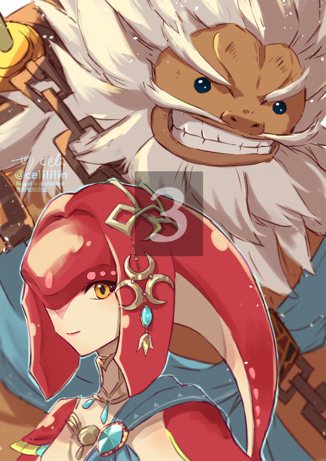 1girl beard black_eyes chain colored_skin daruk facial_hair fins fish_girl goron grey_hair grin hair_ornament highres jewelry long_hair looking_at_viewer mipha monster_girl multicolored_skin nintendo no_eyebrows orange_eyes pointy_ears portrait red_hair red_skin seri_(yuukasakura) smile teeth the_legend_of_zelda the_legend_of_zelda:_breath_of_the_wild watermark zora