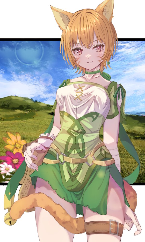 1girl alternate_eye_color animal_ears bell belt between_legs breasts brown_belt cat_ears cat_girl cat_tail choker closed_mouth collarbone facial_mark fire_emblem fire_emblem:_path_of_radiance fire_emblem:_radiant_dawn flower fuussu_(21-kazin) grass green_choker green_shorts hill laguz_(fire_emblem) lethe_(fire_emblem) looking_at_viewer nintendo o-ring o-ring_belt orange_hair orange_tail pouch short_hair shorts side_slit side_slit_shorts small_breasts smile solo tail tail_between_legs thigh_belt thigh_strap thighs whisker_markings