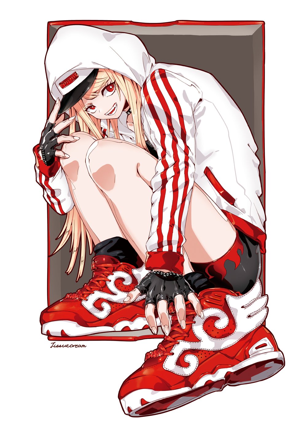 1girl bike_shorts blonde_hair fingerless_gloves gloves high_tops highres hood hood_up hoodie long_hair long_sleeves open_mouth original puppeteer7777 red_eyes shoes simple_background smile sneakers solo sweater very_long_hair