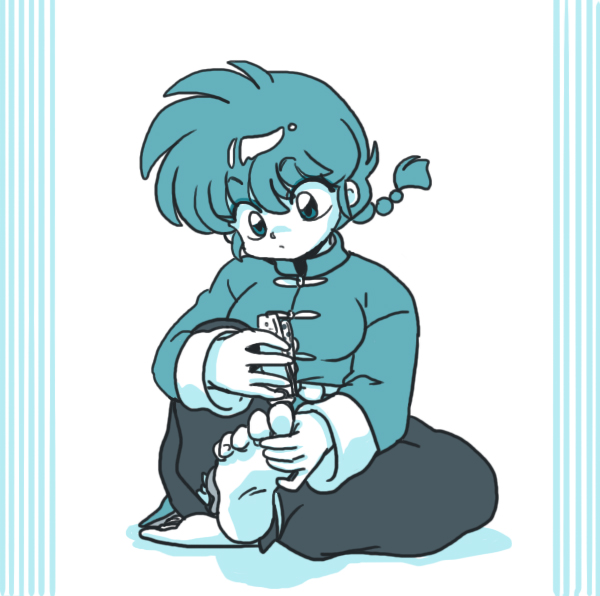 1girl barefoot breasts chinese_clothes closed_mouth feet hair_between_eyes looking_down ranma-chan ranma_1/2 solo tangzhuang toes wanta_(futoshi)