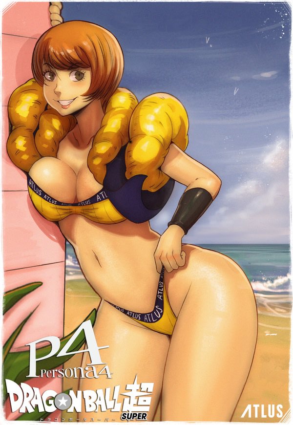 1girl alternate_costume beach breasts cleavage cloud large_breasts medium_breasts metamoran_vest persona persona_4 sand satonaka_chie shiny_skin sky smile solo teeth todd_l._milhouse water