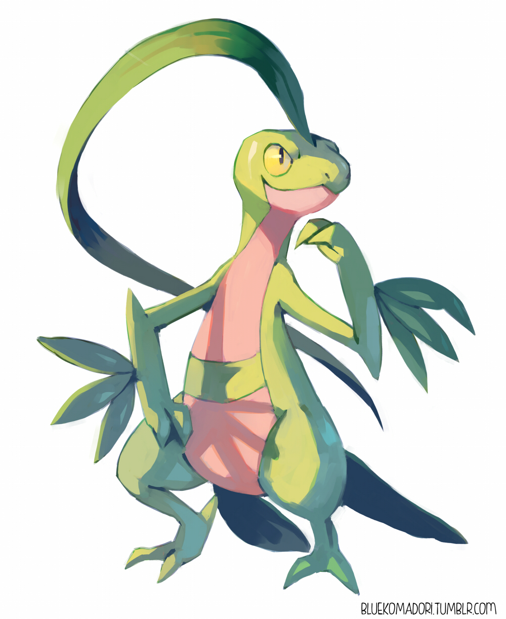 bluekomadori closed_mouth full_body gen_3_pokemon grovyle highres looking_ahead nintendo no_humans nostrils pokemon pokemon_(creature) simple_background solo standing tumblr_username watermark web_address white_background yellow_eyes