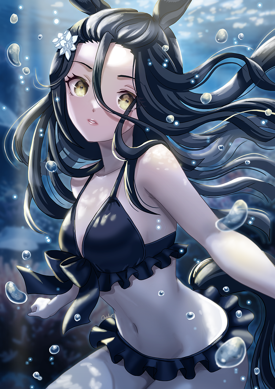 1girl air_bubble animal_ears bikini black_bikini black_hair breasts bubble flower hair_between_eyes hair_flower hair_ornament highres horse_ears horse_girl long_hair looking_at_viewer manhattan_cafe_(the_bubbles_that_i_see_with_you)_(umamusume) manhattan_cafe_(umamusume) navel otono_(bkt4b) parted_lips small_breasts solo submerged swimsuit umamusume underwater yellow_eyes