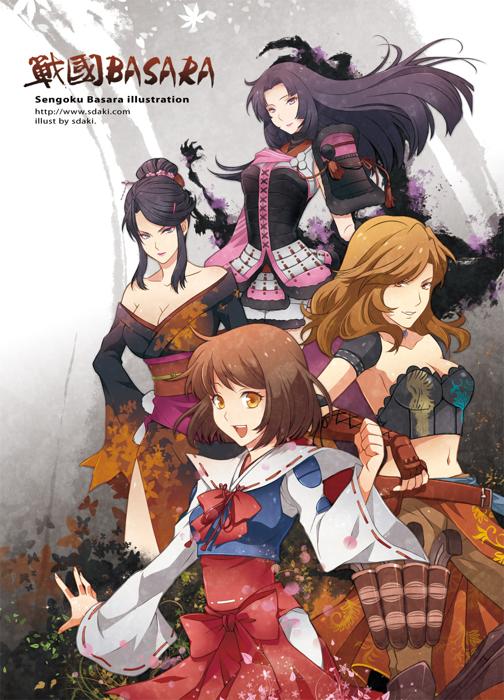 4girls :d :| artist_name bare_shoulders black_hair black_kimono blue_eyes breasts brown_eyes brown_hair brown_pants clenched_hand closed_mouth copyright_name detached_sleeves grey_background grin hair_bun hakama hand_on_own_hip hand_up highres japanese_clothes kimono long_hair long_sleeves looking_at_viewer medium_breasts medium_hair multiple_girls nontraditional_miko nouhime_(sengoku_basara) oichi_(sengoku_basara) open_mouth pants pink_lips purple_eyes red_hakama saika_magoichi_(sengoku_basara) sailor_collar sdaki sengoku_basara short_hair short_sleeves side_slit smile tsuruhime_(sengoku_basara) white_sailor_collar wide_sleeves