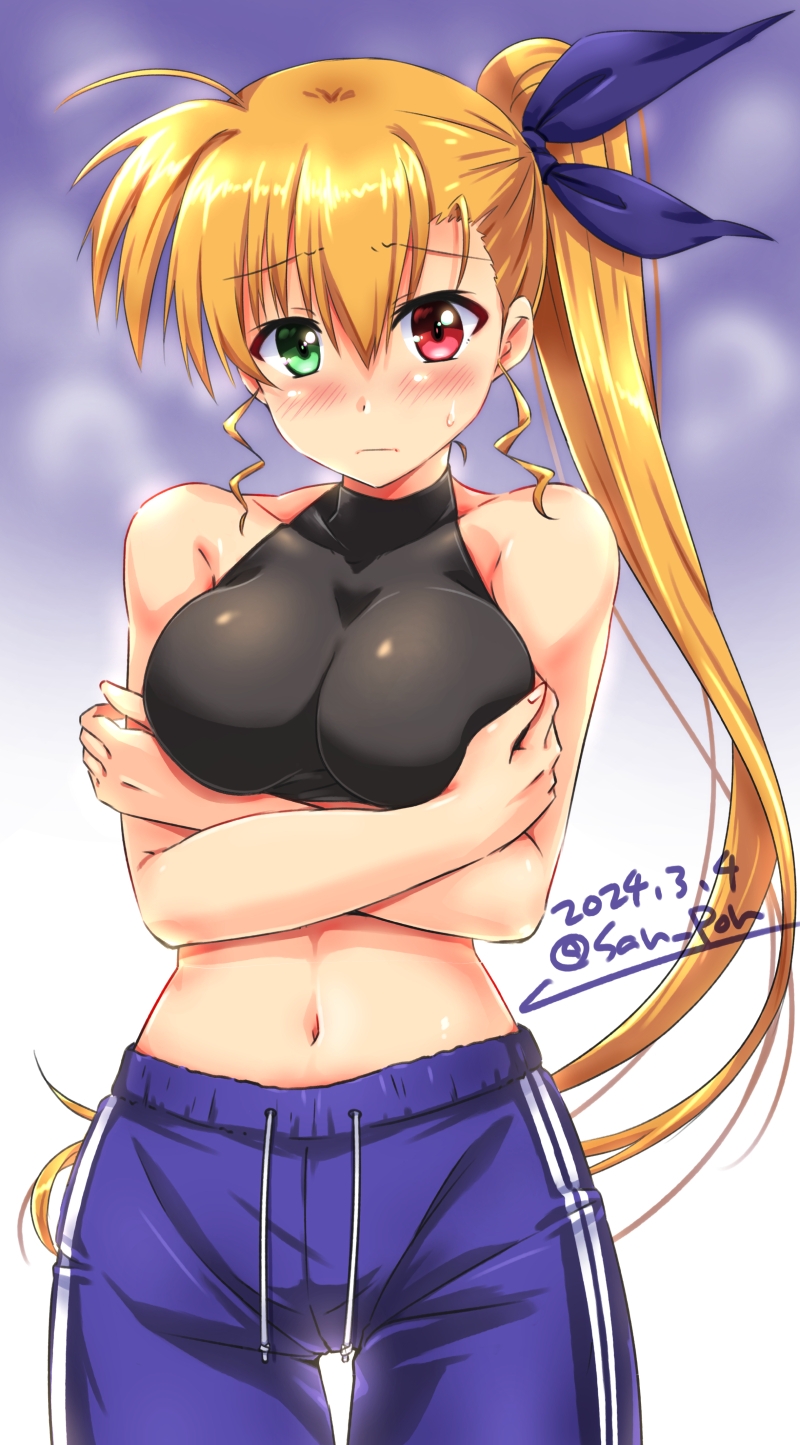 1girl arms_under_breasts artist_name bare_shoulders blonde_hair blue_pants blush breasts closed_mouth dated gym_pants hair_ribbon heterochromia highres large_breasts long_hair looking_at_viewer lyrical_nanoha mahou_shoujo_lyrical_nanoha_strikers mahou_shoujo_lyrical_nanoha_vivid midriff navel pants ponytail ribbon san-pon side_ponytail signature simple_background solo sweat vivio