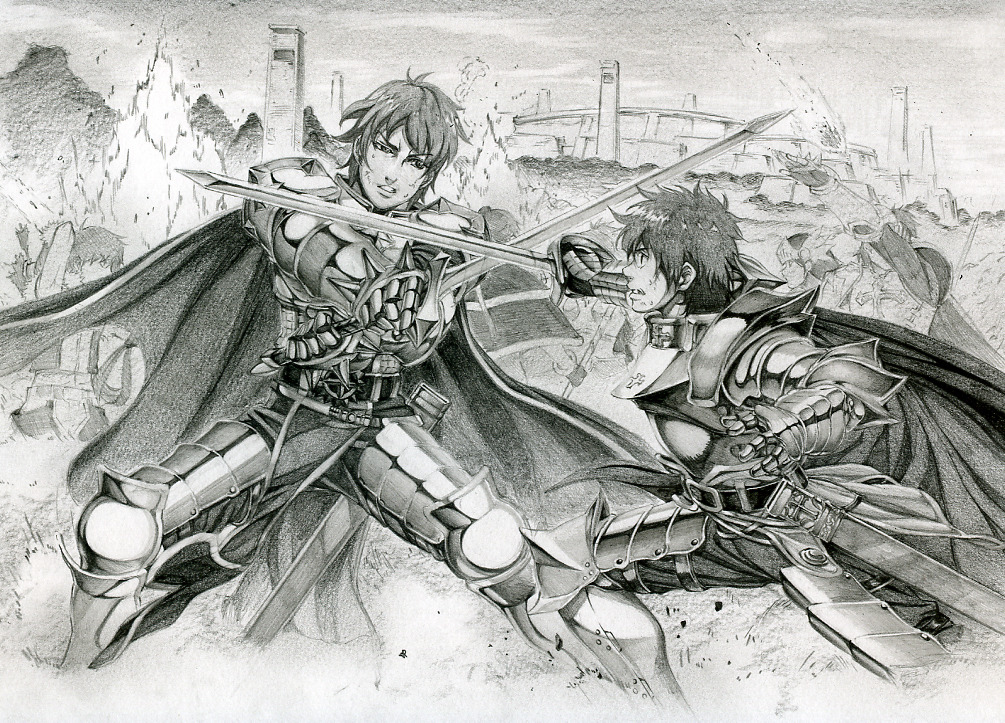 3girls 4boys armor armored_boots boots breastplate cape chainmail clenched_teeth crossed_swords d-suke duel explosion feet_out_of_frame fighting fire gauntlets greyscale high_wizard_(ragnarok_online) holding holding_sword holding_weapon leg_armor looking_at_another lord_knight_(ragnarok_online) male_focus monochrome multiple_boys multiple_girls outdoors paladin_(ragnarok_online) pauldrons ragnarok_online salute short_hair shoulder_armor sniper_(ragnarok_online) spiked_gauntlets sword teeth third-party_source tree visor_(armor) weapon
