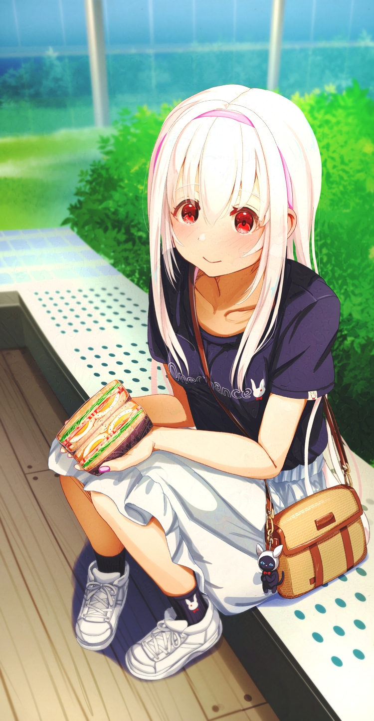 1girl aiuabo bag bag_charm bench between_breasts blush breasts bush charm_(object) day food full_body hairband highres holding holding_food long_hair looking_at_viewer nail_polish original outdoors red_eyes sandwich shirt shoes short_sleeves shoulder_bag sitting skirt small_breasts smile sneakers socks solo strap_between_breasts t-shirt very_long_hair white_hair