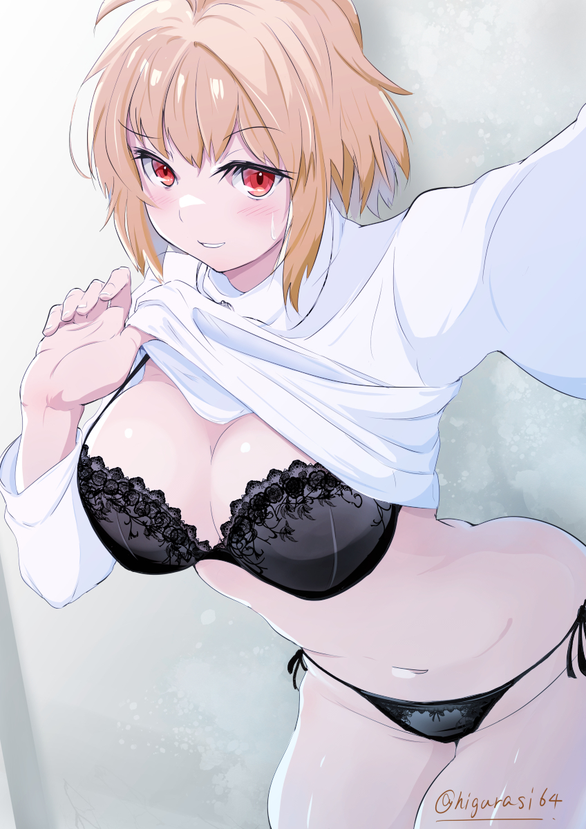 1girl arcueid_brunestud blonde_hair blush bra breasts cleavage highres higurashi_(kenju) large_breasts long_sleeves looking_at_viewer navel red_hair shirt short_hair smile solo tsukihime underwear white_shirt