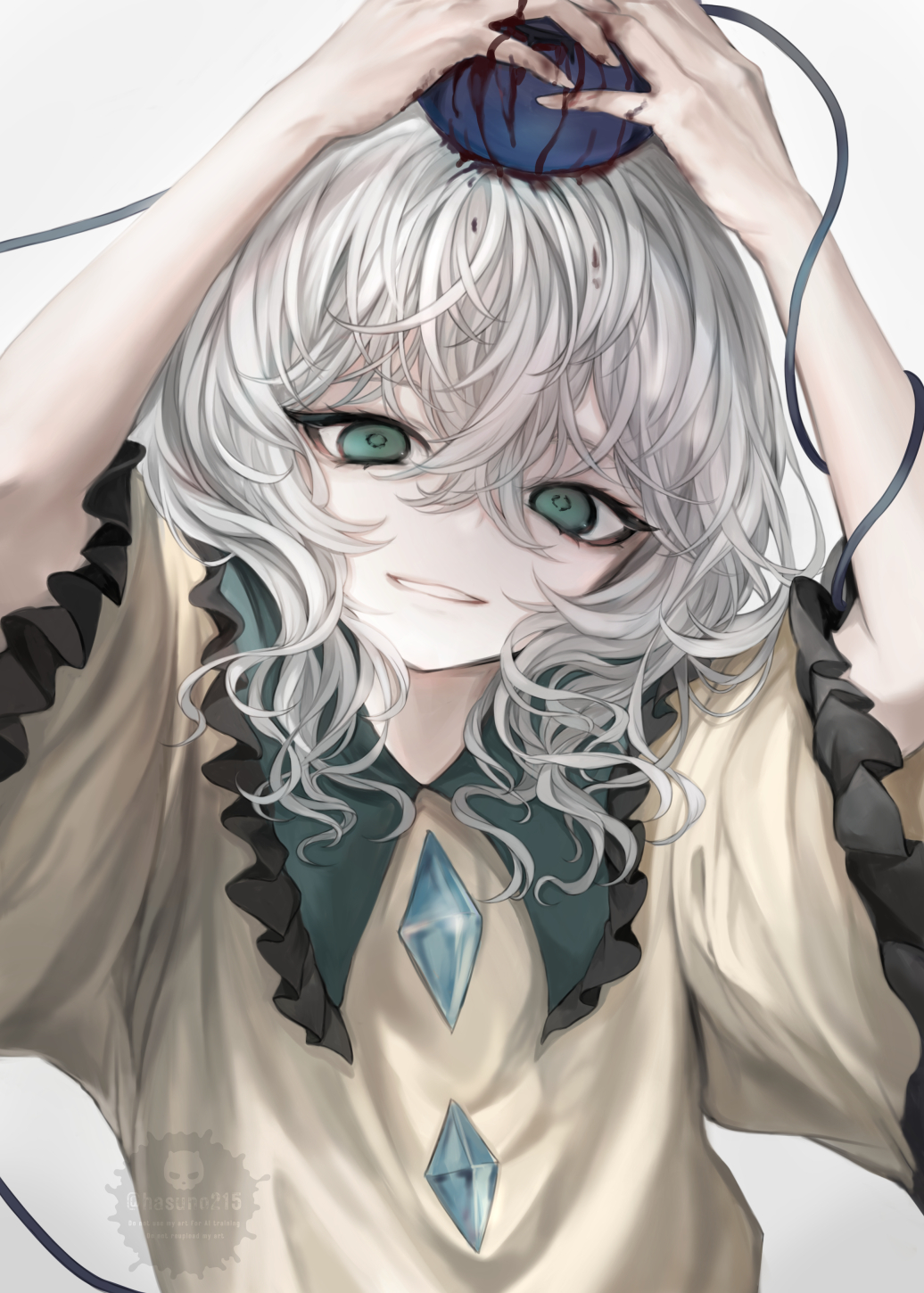 arms_up blood commentary_request green_eyes grey_hair grin hasunokaeru highres koishi_day komeiji_koishi looking_at_viewer medium_hair shirt smile teeth third_eye touhou upper_body white_background yellow_shirt