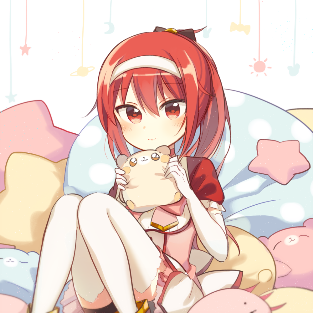 1girl 3: blush boyano candy closed_mouth elbow_gloves female_focus food gloves hair_between_eyes hairband holding knees_together_feet_apart looking_at_viewer pillow polka_dot_pillow ponkotsu_hero_eileen ponytail red_eyes red_hair sitting solo star-shaped_pillow stuffed_animal stuffed_hamster stuffed_toy thighhighs wavy_mouth white_gloves white_thighhighs