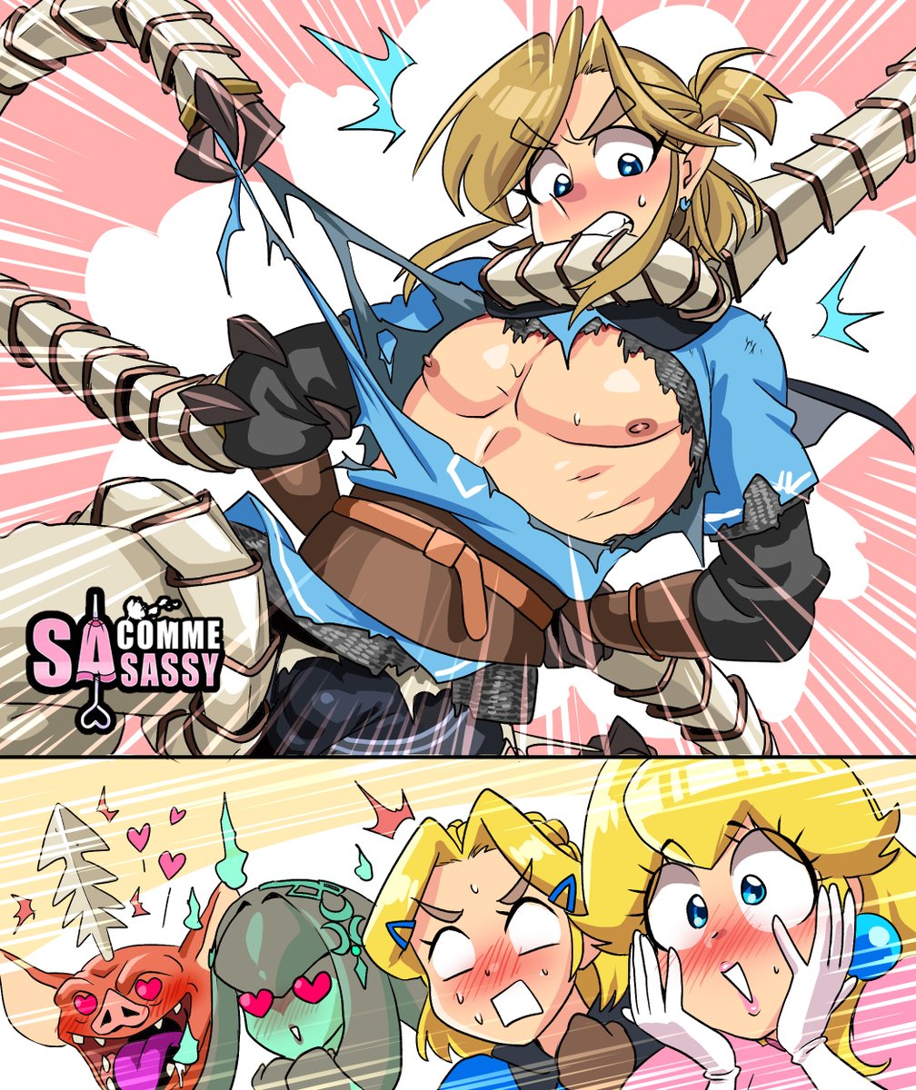 2koma blonde_hair blue_eyes blush bokoblin bulge comic crossover drooling earrings ghost guardian_(zelda) heart heart-shaped_eyes highres jewelry link male_focus mario_(series) mipha nintendo nipples princess_peach princess_zelda sasa_tseng sphere_earrings sweat the_legend_of_zelda the_legend_of_zelda:_breath_of_the_wild the_legend_of_zelda:_tears_of_the_kingdom torn_clothes