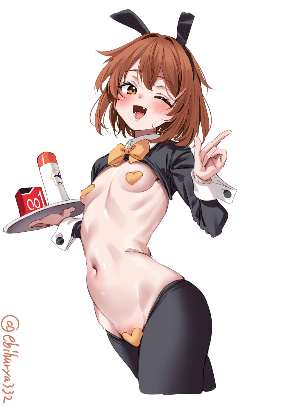 1girl ;d animal_ears artist_name black_pantyhose black_shrug blush bow bowtie breasts brown_eyes brown_hair commentary crotchless crotchless_pantyhose ebifurya fake_animal_ears fang hair_between_eyes hair_intakes heart_maebari heart_pasties highres holding holding_tray ikazuchi_(kancolle) kantai_collection looking_at_viewer lotion_bottle lube maebari meme_attire navel okamoto_condoms one-hour_drawing_challenge one_eye_closed open_mouth pantyhose pasties reverse_bunnysuit reverse_outfit ribs short_hair shrug_(clothing) simple_background small_breasts smile solo stomach tray twitter_username white_background yellow_bow yellow_bowtie yellow_pasties