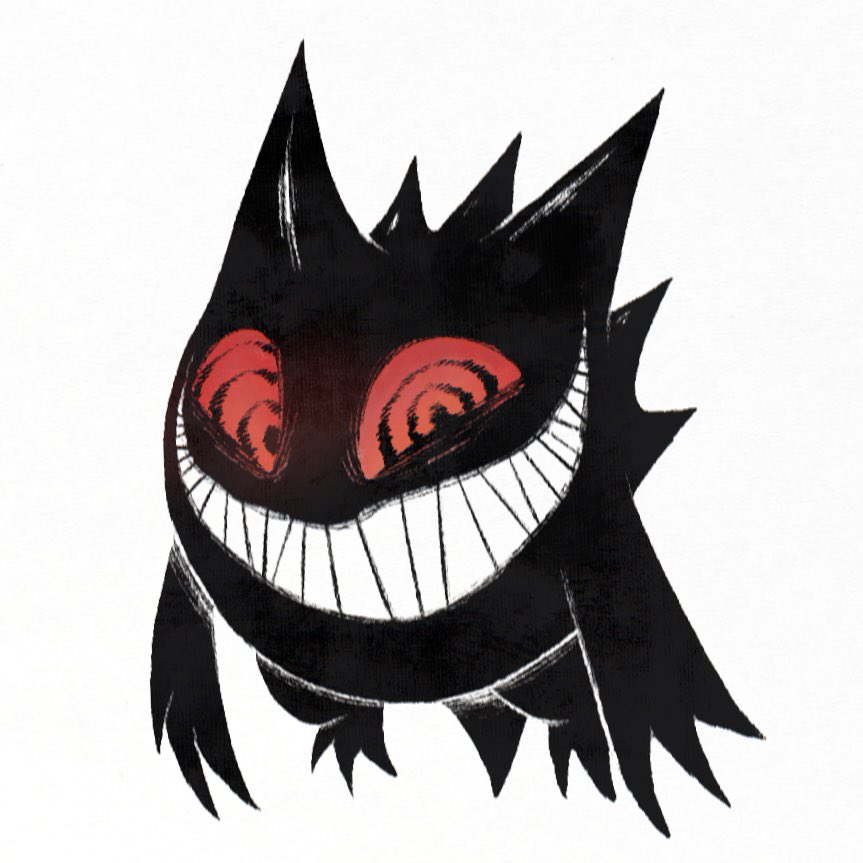 commentary_request crazy_grin game_freak gen_1_pokemon gengar ghost looking_at_viewer nao70shark1 nintendo no_humans pokemon pokemon_(creature) pokemon_focus red_eyes redesign ringed_eyes simple_background solo white_background