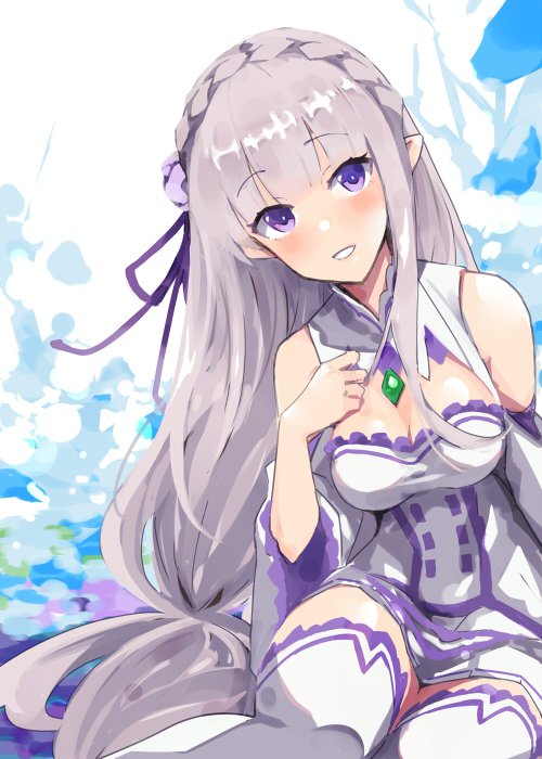 1girl bare_shoulders blue_background braid breasts cleavage commentary crown_braid dress elf emilia_(re:zero) feet_out_of_frame grey_hair grin hair_bun ito_ryo long_hair low-tied_long_hair low_twintails medium_breasts pointy_ears princess_connect! purple_eyes re:zero_kara_hajimeru_isekai_seikatsu short_dress single_side_bun sitting sleeveless sleeveless_dress smile solo thighhighs twintails white_dress white_thighhighs yokozuwari zettai_ryouiki