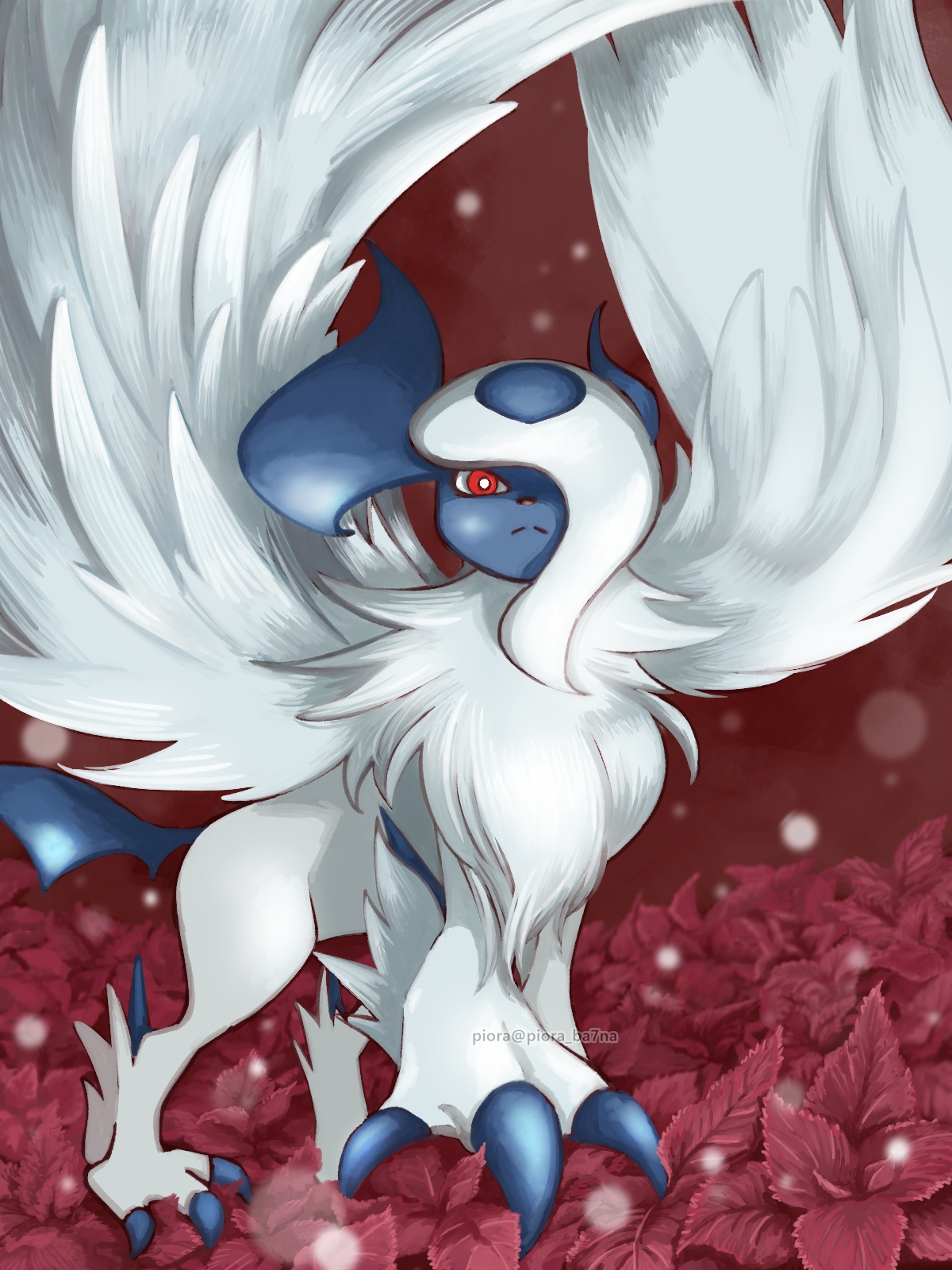 absol animal_focus bright_pupils claws closed_mouth commentary gen_3_pokemon highres horns leaf looking_at_viewer mega_absol mega_pokemon nintendo no_humans piora pokemon pokemon_(creature) red_background red_eyes solo white_hair white_pupils wings