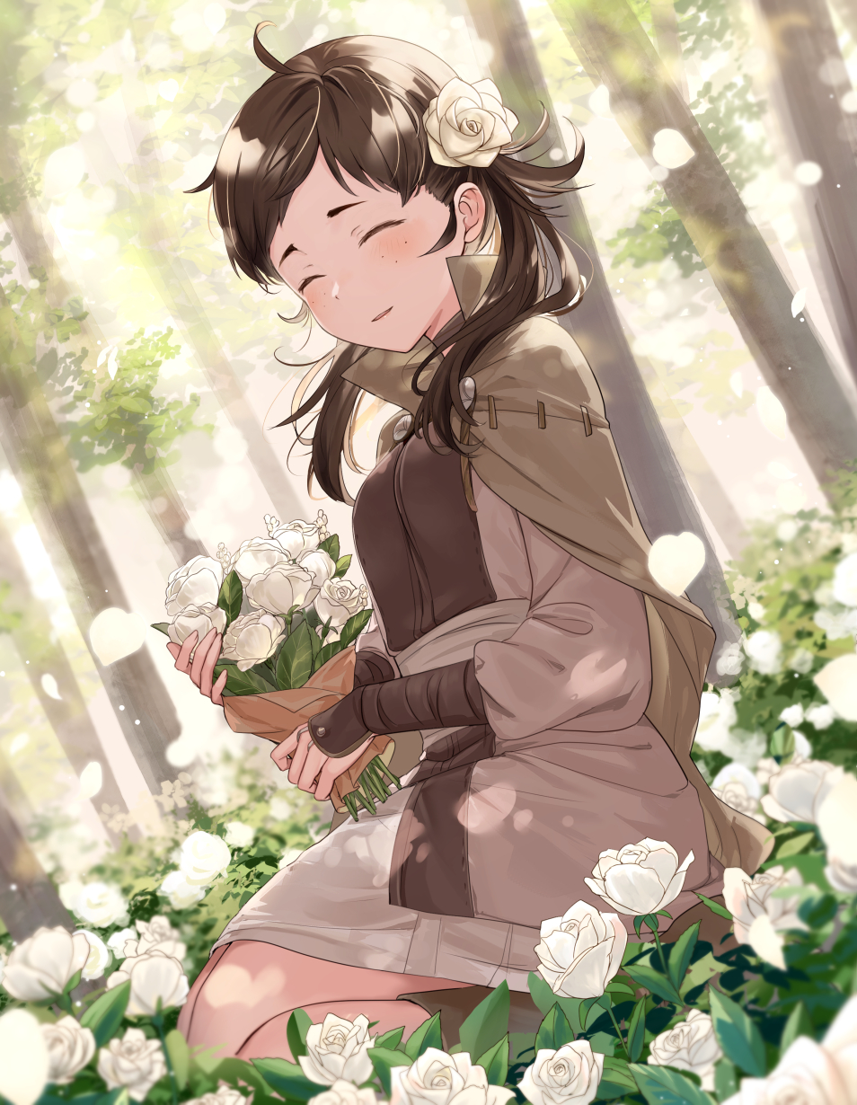 1girl ahoge backlighting bouquet breasts brown_cloak brown_footwear brown_hair cloak closed_eyes collared_cloak commission day facing_viewer field fire_emblem fire_emblem_fates flower flower_field freckles gauntlets hair_flower hair_ornament haru_(nakajou-28) highres holding holding_bouquet low_twintails medium_breasts mozu_(fire_emblem) nintendo on_ground outdoors parted_lips skeb_commission smile solo sunlight tree twintails white_flower white_petals