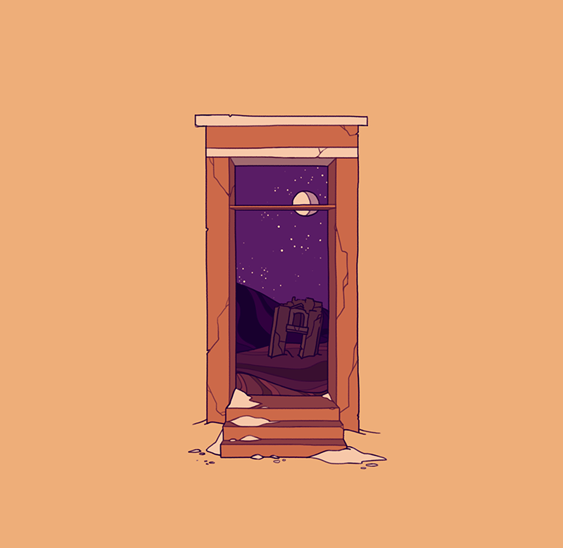 arch crack cracked_wall desert doorway gibbous_moon limited_palette mellific moon negative_space night night_sky no_humans orange_background original outdoors purple_sky ruins sand sand_dune scenery simple_background sky stairs star_(sky) starry_sky window