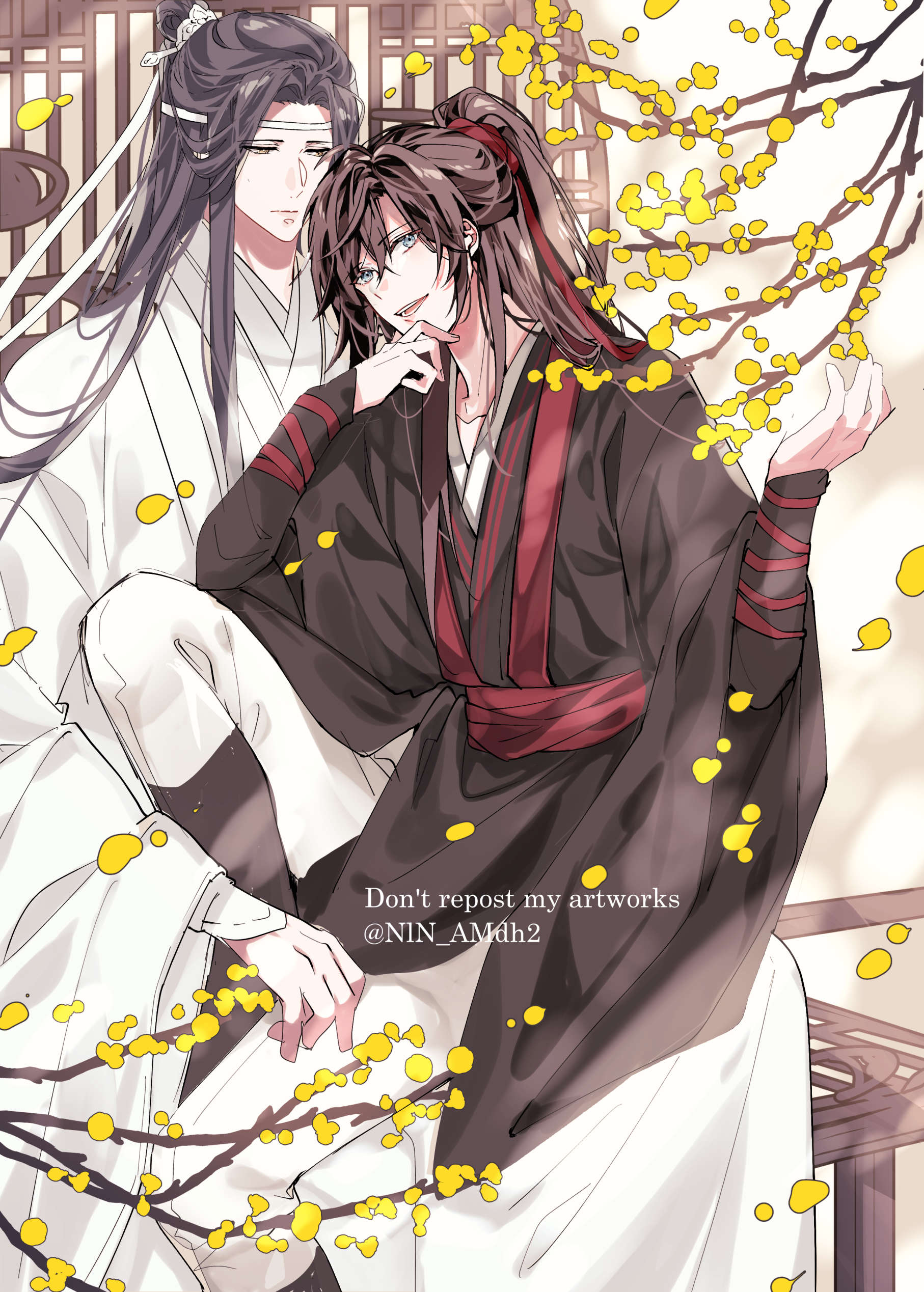 2boys absurdres bishounen black_boots black_hair black_hanfu blue_eyes boots branch brown_hair chinese_clothes english_text falling_petals flower hair_ribbon hanfu headband highres hyottokoane knee_up lan_wangji lattice layered_sleeves long_hair looking_at_viewer male_focus modao_zushi multiple_boys open_mouth pants petals ponytail red_ribbon ribbon robe sitting sitting_on_lap sitting_on_person smile topknot twitter_username wei_wuxian white_hanfu white_headband white_pants xiao_guan_(headdress) yaoi yellow_eyes yellow_flower