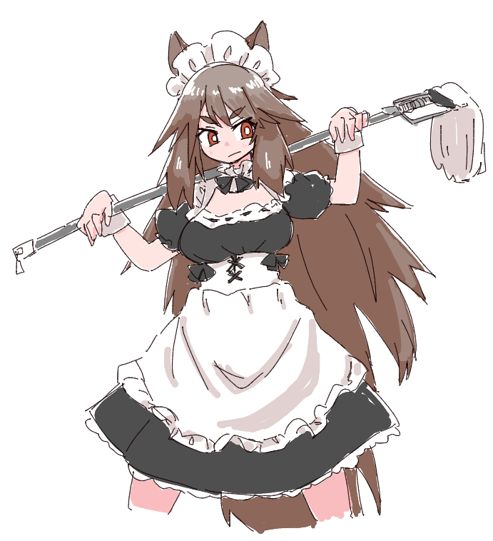 1girl alternate_costume animal_ears apron arknights black_dress bright_pupils brown_hair commentary cropped_legs dress enmaided flipped_hair frown holding holding_mop long_hair looking_to_the_side maid mop nikukabe over_shoulder puffy_short_sleeves puffy_sleeves red_eyes short_sleeves sidelocks simple_background sketch solo squirrel_ears squirrel_girl squirrel_tail tail waist_apron weapon weapon_over_shoulder white_apron white_background white_pupils white_wrist_cuffs wild_mane_(arknights) wrist_cuffs