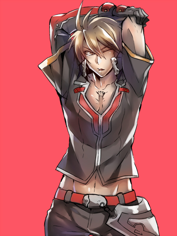 1boy arms_up asymmetrical_gloves blazblue blazblue:_central_fiction brown_hair cowboy_shot gloves high_collar kaneaki_mukku male_focus mismatched_gloves naoto_kurogane navel one_eye_closed red_background solo spiked_hair
