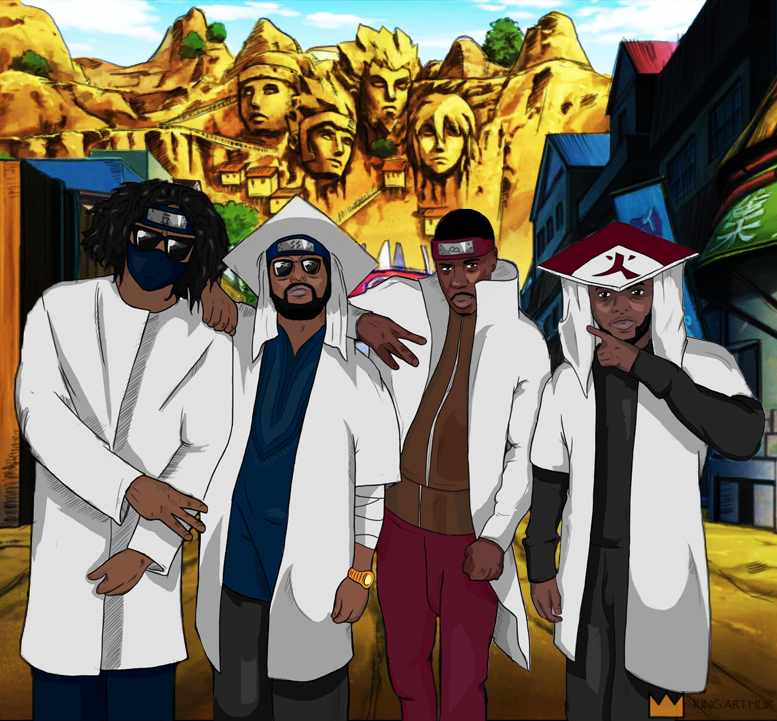 4boys alternate_costume beard black_hair buzz_cut dark-skinned_male dark_skin day elbow_gloves facial_hair glasses gloves hat headband hokage jay_rock kendrick_lamar male_focus mask multiple_boys mustache naruto_(classic) naruto_(series) ninja outdoors parody realistic schoolboy_q short_hair sunglasses very_short_hair