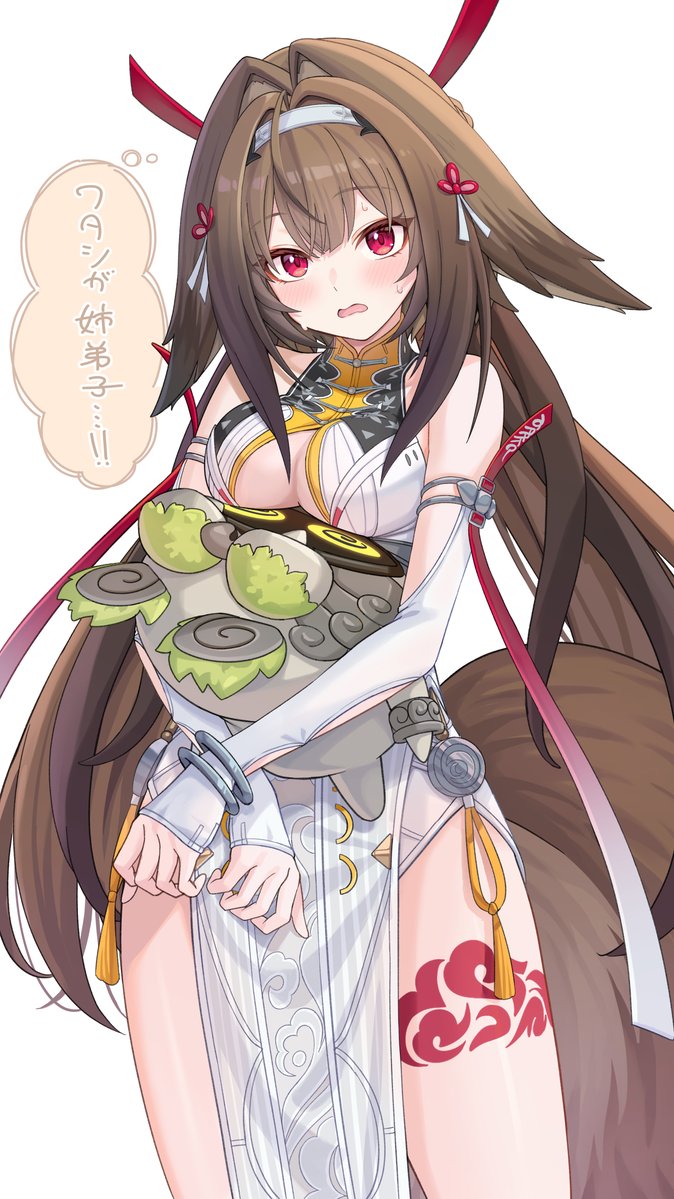 1girl animal_ears bad_link bangboo_(zenless_zone_zero) bare_shoulders blush breast_press breasts brown_hair china_dress chinese_clothes dress elbow_gloves gloves hair_ornament large_breasts long_hair red_eyes simple_background speech_bubble tsukimi_yaya underboob ye_shunguang zenless_zone_zero