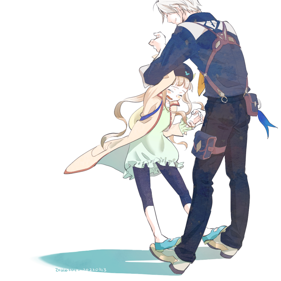1boy 1girl black_leggings black_pants blonde_hair blue_footwear blunt_bangs blush child closed_eyes dancing dress elle_mel_martha father_and_daughter frilled_dress frills full_body happy hat hayashian holding_hands leggings long_hair looking_at_another ludger_will_kresnik pants parent_and_child shadow short_hair sketch smile standing_on_another&#039;s_feet tales_of_(series) tales_of_xillia tales_of_xillia_2 twintails wavy_hair white_background white_footwear white_hair