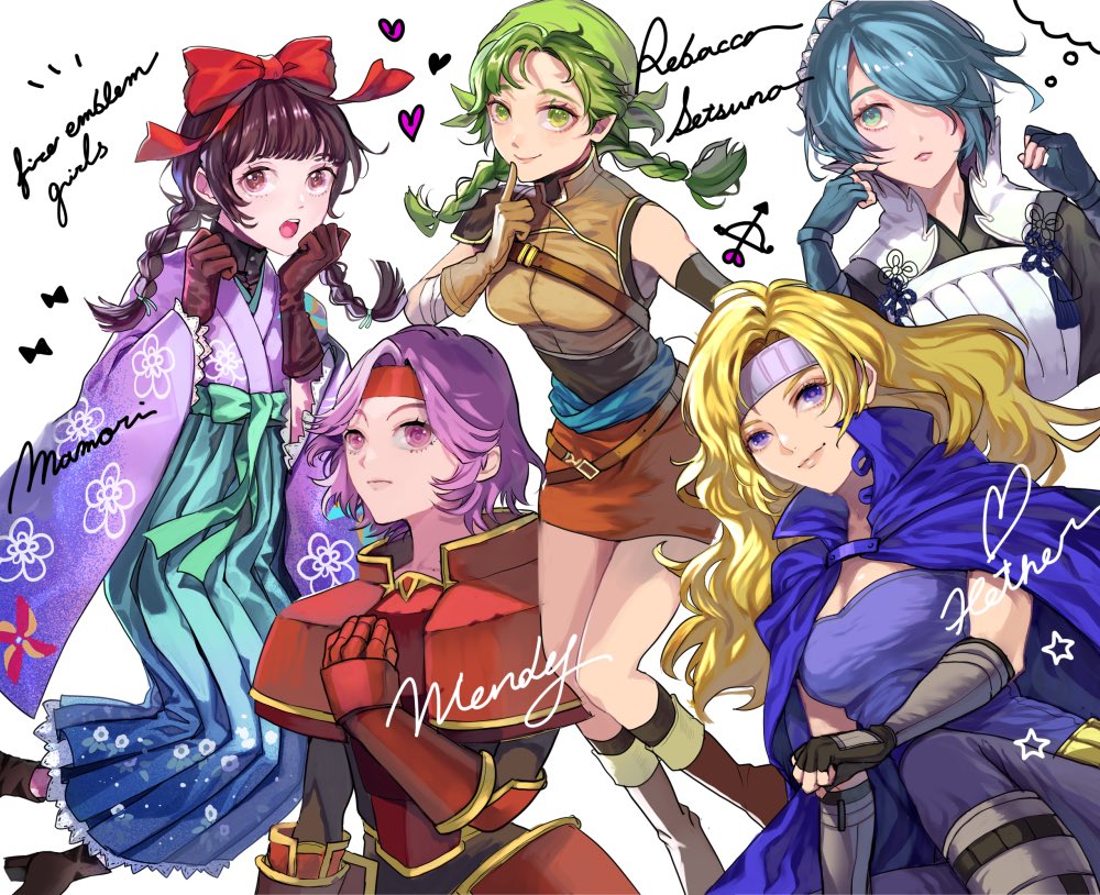 5girls armor asymmetrical_gloves belt black_gloves blonde_hair blouse blue_eyes blue_hair blue_hakama boots bow braid brown_eyes brown_footwear brown_gloves brown_hair cape character_name copyright_name dress fingerless_gloves fire_emblem fire_emblem:_radiant_dawn fire_emblem:_the_binding_blade fire_emblem:_the_blazing_blade fire_emblem_fates floral_print gauntlets gloves gwendolyn_(fire_emblem) hair_bow hair_over_one_eye hakama hakama_skirt headband heart heather_(fire_emblem) japanese_clothes kimono leather leather_boots long_hair looking_at_viewer meiji_schoolgirl_uniform minamoto_mamori multiple_girls nintendo open_mouth pants pink_eyes pink_hair pinwheel purple_kimono rebecca_(fire_emblem) red_bow setsuna_(fire_emblem) shirt short_dress short_hair shoulder_armor simple_background skirt sleeveless sleeveless_shirt tokyo_mirage_sessions_fe tsuko_(25mnts) twin_braids white_background