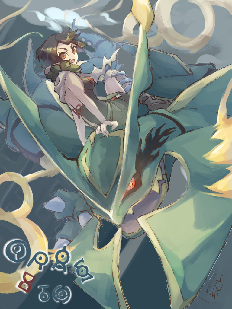 1girl anniversary bare_arms black_hair breasts cape commentary_request creatures_(company) game_freak gen_2_pokemon gen_3_pokemon glowing glowing_eyes legendary_pokemon looking_at_viewer medium_breasts mega_pokemon mega_rayquaza nintendo nyokkiri open_mouth pokemon pokemon_oras rayquaza red_eyes riding riding_pokemon sideboob signature smile torn_cape torn_clothes unown unown_a unown_h unown_o unown_r unown_s unown_t unownglyphics zinnia_(pokemon)