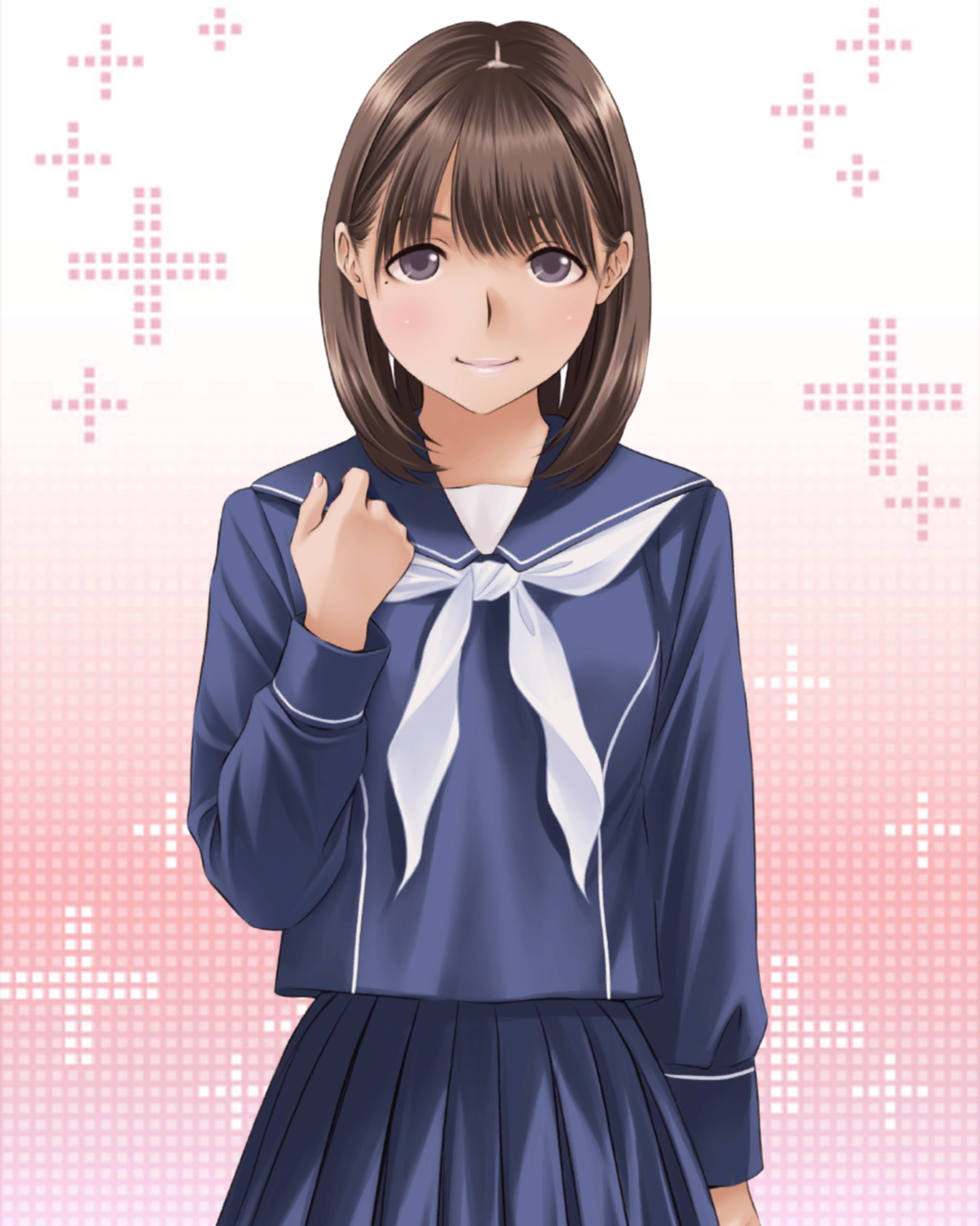 1girl anegasaki_nene blue_sailor_collar blue_serafuku blue_skirt blush brown_hair closed_mouth cowboy_shot gradient_background hand_up highres long_sleeves looking_at_viewer love_plus medium_hair mole mole_under_eye neckerchief official_art pink_lips pleated_skirt plus_sign purple_eyes sailor_collar school_uniform serafuku skirt solo standing straight-on tareme white_neckerchief winter_uniform