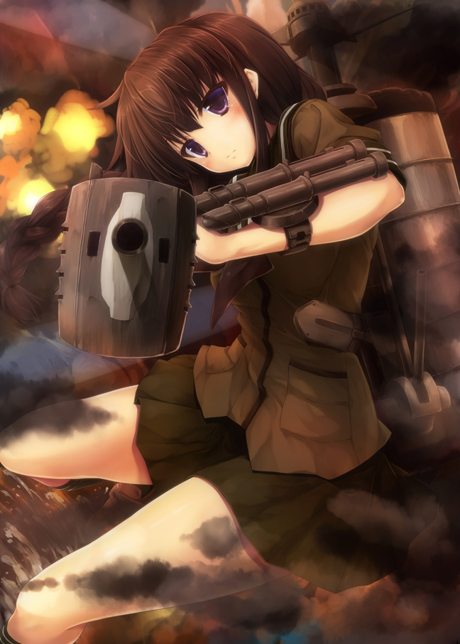 10s 1girl aiming aiming_at_viewer black_hair blunt_bangs female_focus kantai_collection kitakami_(kancolle) long_hair looking_at_viewer personification pleated_skirt purple_eyes school_uniform serafuku skirt solo suien
